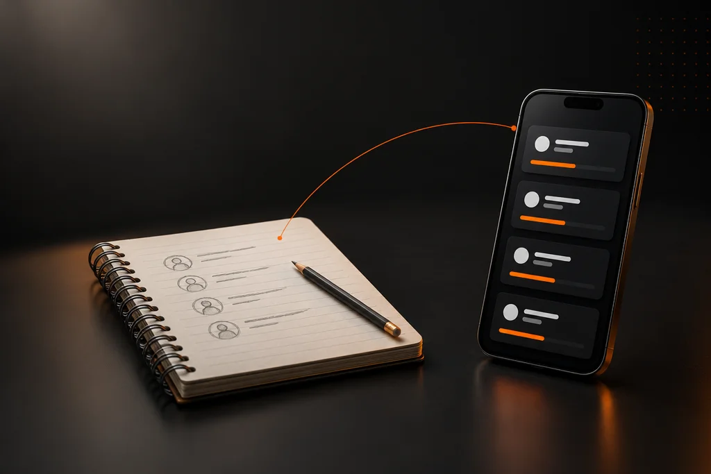 Caderno de fiado com anotações de clientes ao lado de um celular com o mesmo controle em aplicativo