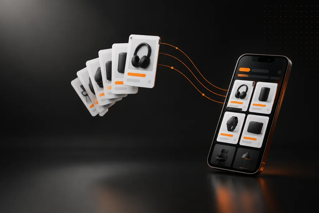 Fichas de produtos virando um catálogo digital grátis no celular, com fones e relógios