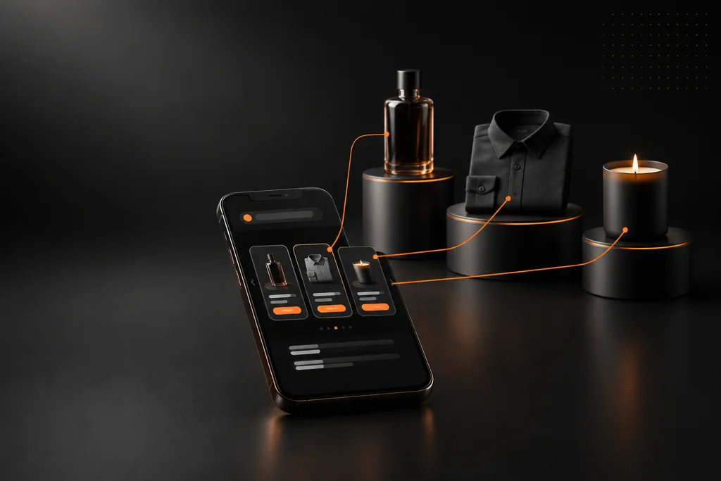 Perfume, camisa e vela ligados a um catálogo no WhatsApp aberto no celular