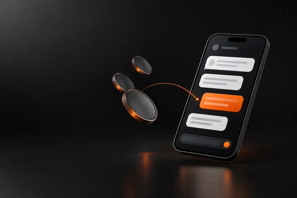 Moedas e celular com uma conversa de cobrança educada para o cliente que deve