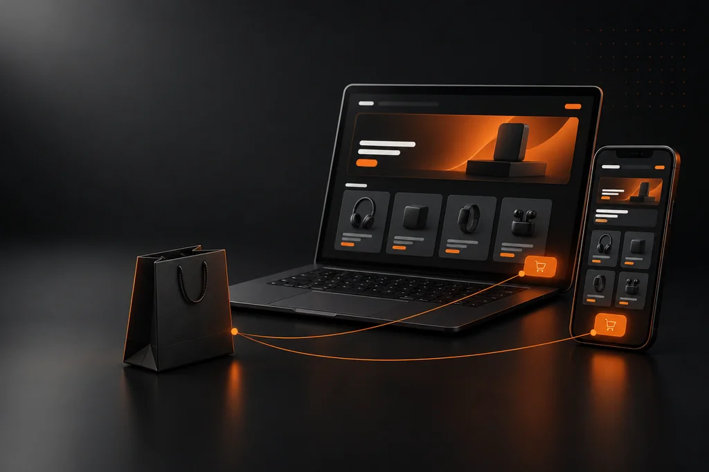 Notebook e celular com uma loja virtual grátis aberta e uma sacola de compras