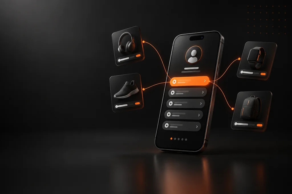 Celular com página de link na bio ligada a produtos como fone, tênis, relógio e mochila