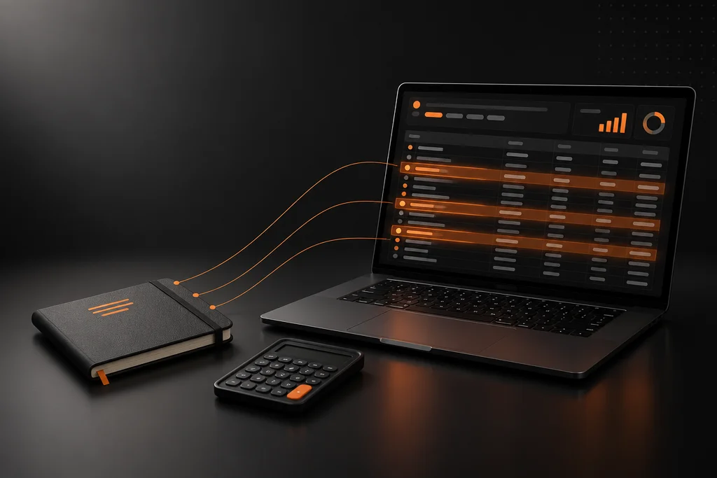 Notebook com planilha de fiado aberta, caderno e calculadora sobre a mesa